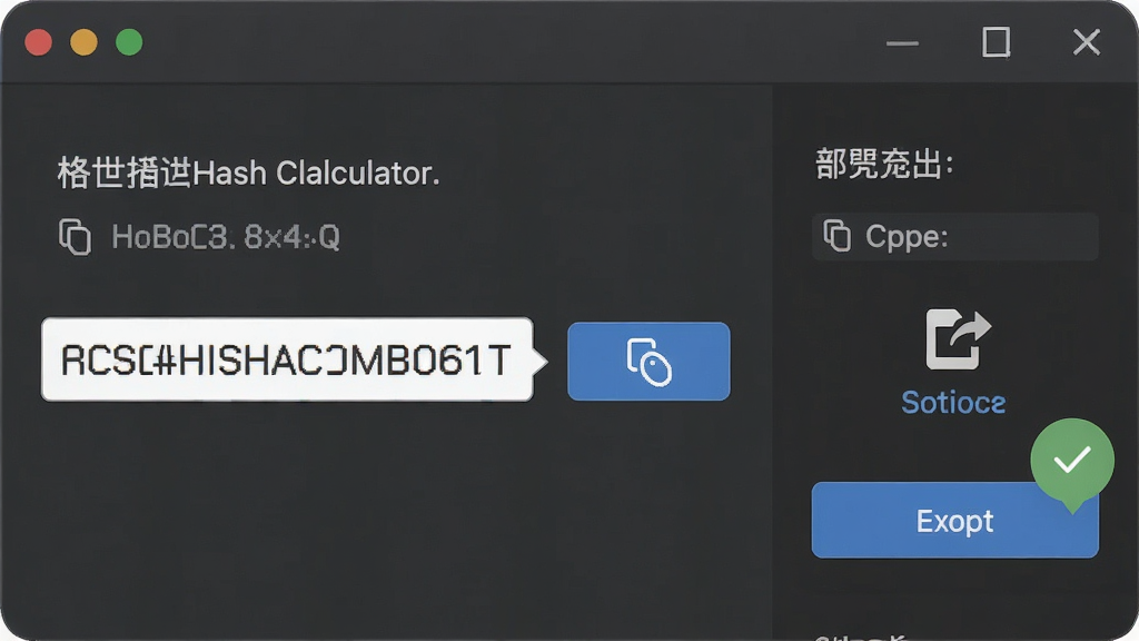 一张展示格西Hash计算器结果复制与导出功能的图片,主体为软件界面中哈希值旁的复制按钮和导出按钮,布局为右侧操作栏,排版紧凑,风格为素雅极简风,细节包含剪贴板图标、文件导出图标、成功提示气泡,画质清晰,干净,无多余元素。