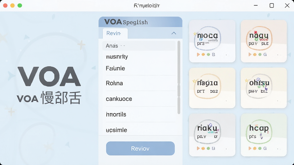VOA����Ӣ���������ʱ����棬չʾ�����б��͸�ϰ��ť�����������VOA����Ӣ���ʶ���Ҳ�Ϊ���ʿ�Ƭʽ���֣�����ɫ����ͣ�������£�����������������Ԫ��