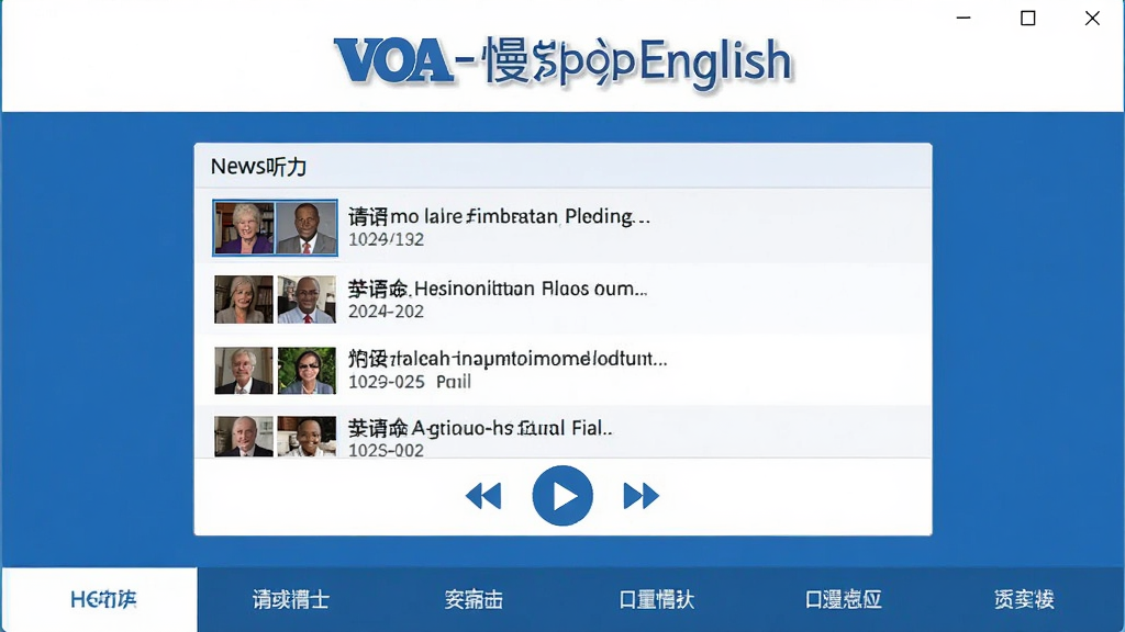 ��VOA����Ӣ�����������棬������ʾVOA����Ӣ��Ʒ�Ʊ�ʶ���м������������б��Ͳ��ſ��ư�ť���ײ��з��ർ�����������������죬��ɫ���ɫΪ��ɫ��������ɾ��������������޶���Ԫ��