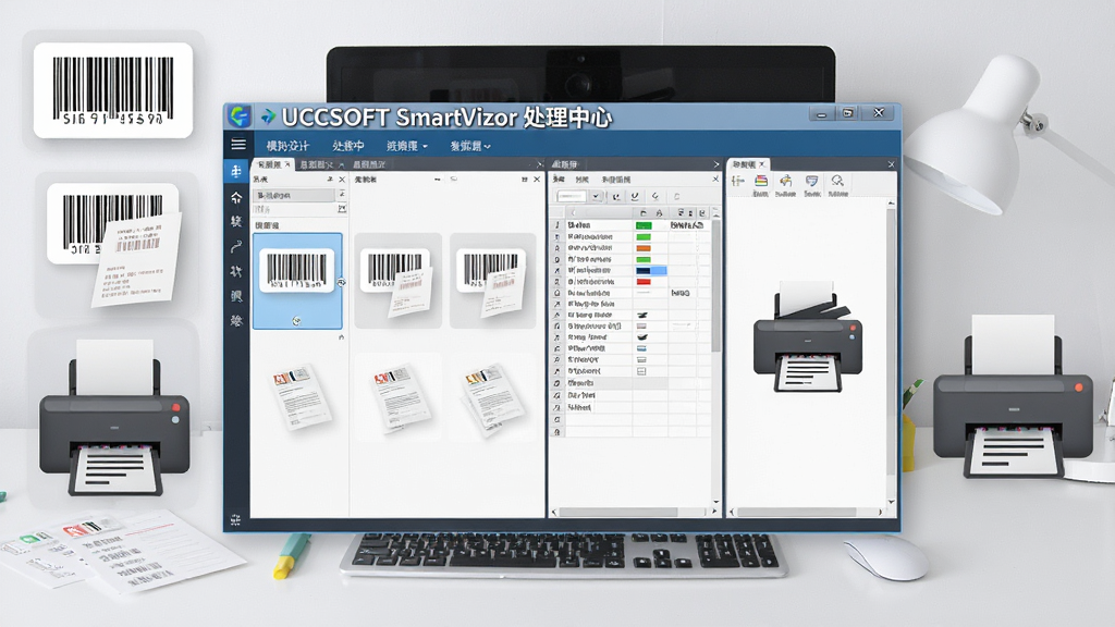 ����ȫò����ͼ������������ʾ��UCCSOFT SmartVizor �������ġ����������洰�ڣ����Ϊģ����������Ҳ�Ϊ���ݱ������ӡԤ��������Ϊ����İ칫���棬���Ϊ�ִ�����Ƽ��У�ϸ�ڰ������롢��ǩֽ����ӡ��ͼ�꣬�����������ɾ��޶���Ԫ��