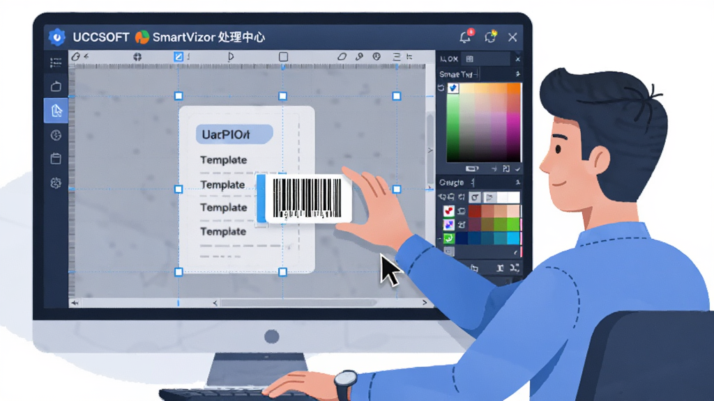 AI��ͼ������չʾ��UCCSOFT SmartVizor �������ġ��Ŀ��ӻ���ƽ��棬һλ���ʦ������ק����Ԫ�ص���ǩģ���ϣ���Ļ����ʾ����������������븨���ߣ����Ϊ��ƽ���廭��ϸ�ڰ������ָ�롢ͼ����塢ɫ����壬�����������ɾ��޶���Ԫ��