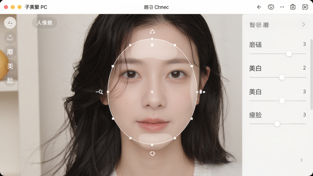 一张展示柚子相机 PC版人像美化功能的界面图,画面中有一张人物肖像照片,软件自动识别面部区域并显示磨皮、美白、瘦脸等调节选项,界面风格柔和清新,突出智能美化的便捷性,画质干净,无多余元素