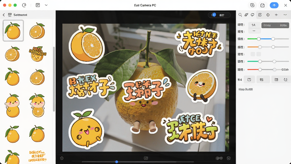 一张展示柚子相机 PC版贴纸与文字编辑功能的界面图,画面中照片上添加了多个卡通贴纸和艺术文字,贴纸可自由拖动调整,界面左侧为素材选择区,右侧为属性调节区,整体风格活泼有趣,画质清晰,无多余元素