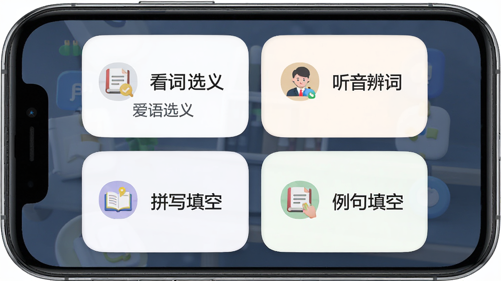 ����ɰ��ﱳ����������ģʽѧϰѡ����棬����Ϊ�ֻ���Ļ�е��ĸ����ܿ�Ƭ�����ֲ������������������У��Ű�����Գƣ����Ϊ���Բ�ǿ�Ƭ��ƣ�ϸ�ڰ�������ѡ�塢������ʡ�ƴд��ա�������յ����ֱ�ǩ�Ͷ�Ӧͼ�꣬���ʸ��壬�ɾ����޶���Ԫ��
