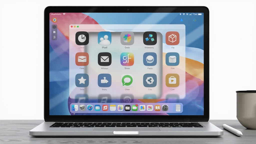 һ̨��ɫ�ʼǱ����Է�����ǳ��ɫ�����ϣ���Ļ����ʾ iPad for Windows ���������棬�������Բ��ͼ�����񡢵ײ� Dock ���붥��״̬���������Ҳ�ڷ�һ֧��ɫ���رʺ�һֻ���ȱ������岼�־��жԳƣ����Ϊ�ɾ��ִ��� 3D ��Ⱦ��ϸ�ڰ�����Ļ���⡢ͼ����Ӱ������ľ�ƣ�����Ϊ 4K ���壬����ɾ����޶���Ԫ��