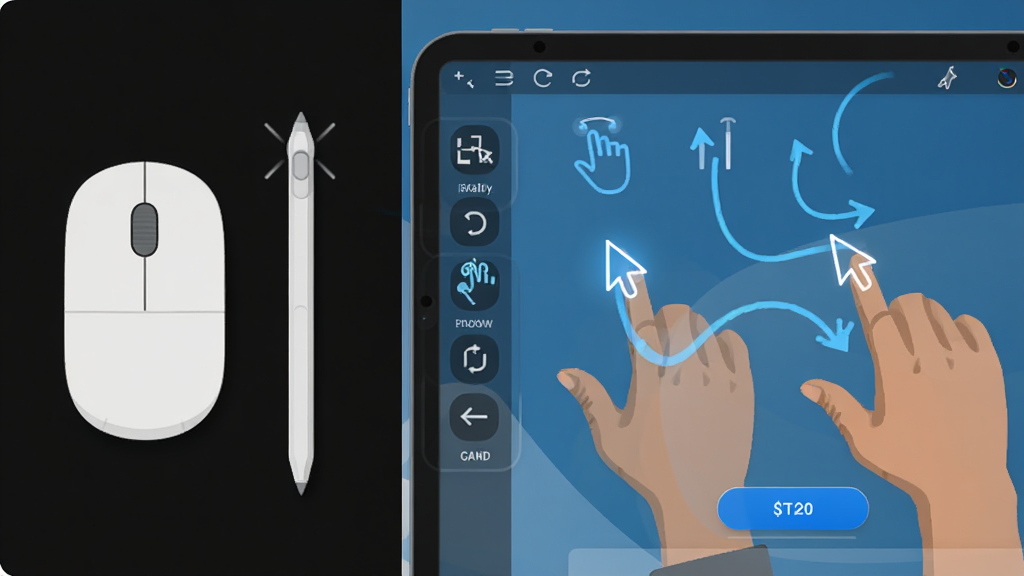 iPad for Windows ������ʾͼ���������Ϊ����봥�رʣ��Ҳ�Ϊ���������е����ƹ켣������������ʾ���š����������صȲ���ͼ�꣬�������ҷ��������Ϊ�Ƽ��б�ƽ�廭��ϸ�ڰ������Ƽ�ͷ������밴ť���������ʸ��壬�ɾ����޶���Ԫ��