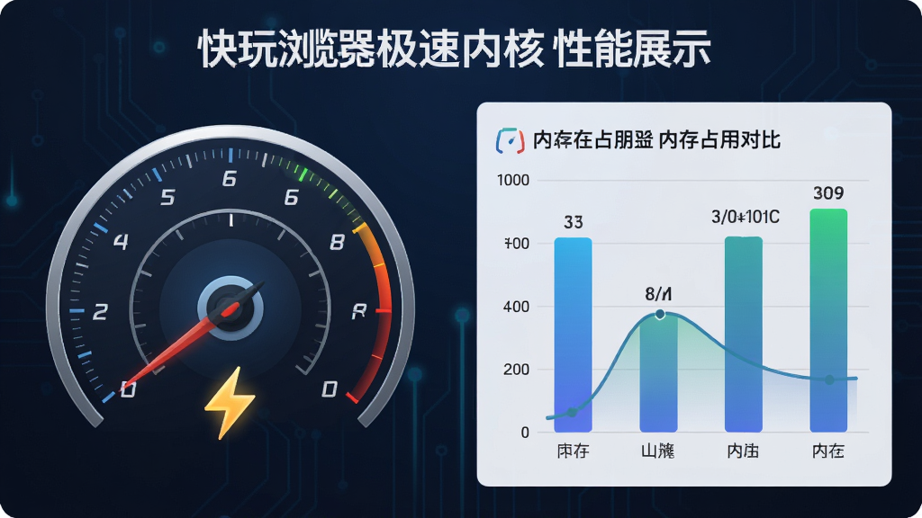 快玩浏览器极速内核性能展示图,主体为速度仪表盘与内存占用对比柱状图,布局左右结构,排版直观,风格为商务科技感,细节包括闪电符号、低占用曲线,画质清晰,干净,无多余元素