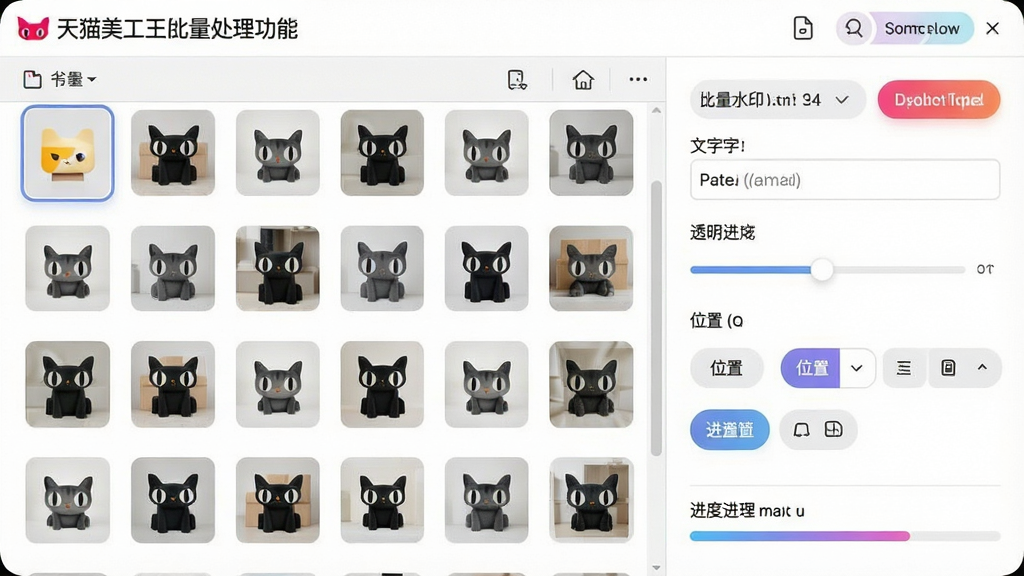 一张展示天猫美工王批量处理功能的图片,画面中软件界面分为左右两栏,左侧是文件列表显示多张商品图片缩略图,右侧是批量水印设置面板,面板中包含文字输入框、透明度滑块和位置选择按钮,界面底部有进度条显示处理进度,整体风格为清爽的浅色工具界面,细节包括按钮圆角、进度条渐变和文件图标,画质清晰干净,无多余元素。