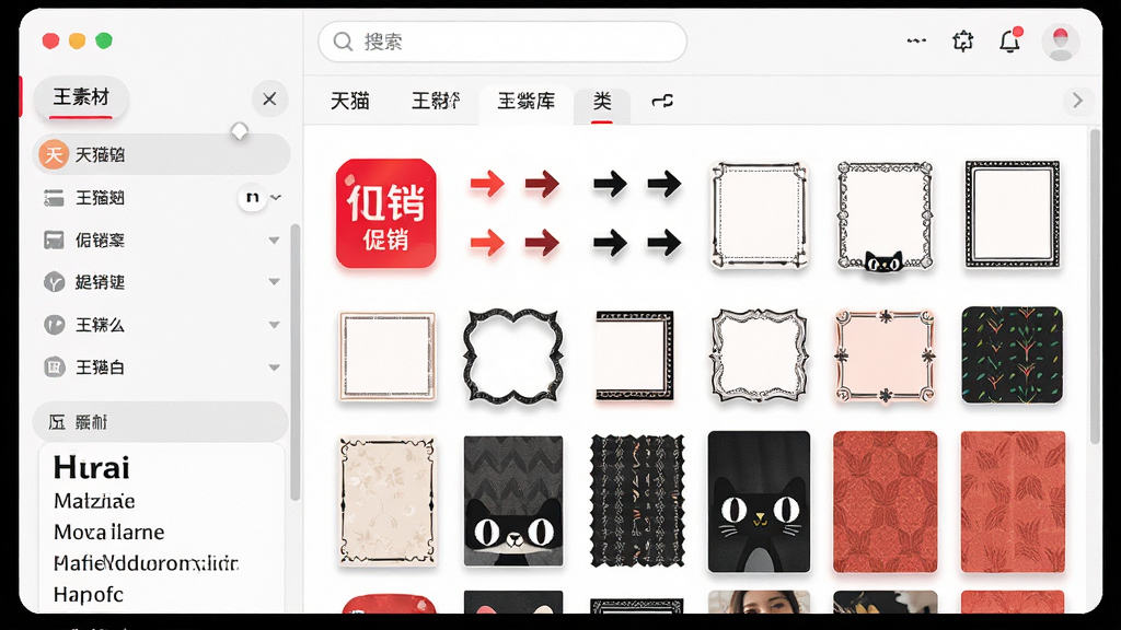 一张展示天猫美工王素材库面板的图片,画面以软件侧边栏素材面板为主体,面板内按分类展示着促销标签、箭头图标、边框装饰和背景纹理等素材缩略图,面板上方有搜索框和分类标签,下方有字体列表预览,整体风格为柔和圆角的现代UI设计,细节包括素材阴影、分类图标和悬停高亮效果,画质清晰干净,无多余元素。