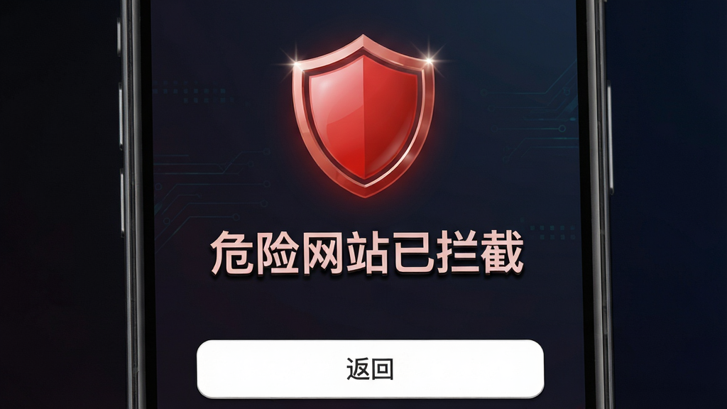 千寻浏览器安全拦截警告页面展示,主体为手机屏幕特写,屏幕中央显示红色盾牌图标与“危险网站已拦截”字样;布局为居中构图,背景为深色渐变;排版简洁,文字醒目;风格为安全警示科技风;细节包括盾牌上的高光、警告文字的阴影、底部返回按钮;画质清晰,干净,无多余元素