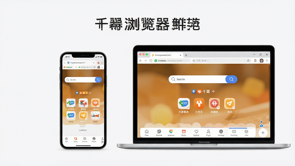 千寻浏览器软件主界面全貌展示,主体为一部智能手机和一台笔记本电脑并排摆放,屏幕中显示千寻浏览器的首页,包含搜索框、常用网址图标与底部导航栏;布局采用居中对称构图,浅色背景;排版整洁,上方留白放置软件名称文字;风格为现代科技感扁平化设计;细节包括浏览器窗口的圆角、标签页缩略图、加载进度条;画质清晰,干净,无多余元素