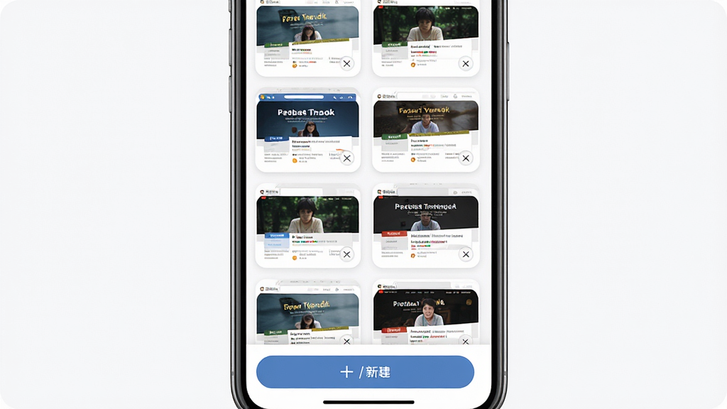 千寻浏览器多标签管理界面,主体为手机屏幕显示标签页卡片网格,每张卡片展示不同网页缩略图;布局为网格状排列;排版整齐,卡片间距均匀;风格为清新扁平化设计;细节包括卡片圆角、关闭按钮、底部新建标签按钮;画质清晰,干净,无多余元素