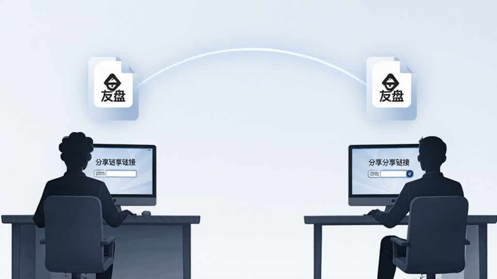 画面展示两个人物剪影分别坐在各自的办公桌前,中间由一条发光的弧线连接,弧线两端各有一个文件图标,文件图标上方显示友盘的Logo,人物前方电脑屏幕上显示分享链接和密码输入框,整体风格为简约商务插画,色调以蓝灰为主,光线明亮,画质高清,画面干净,无多余元素。