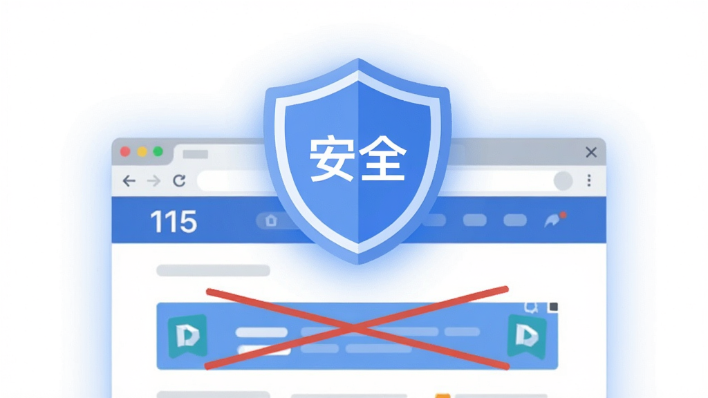 一张展示115浏览器广告过滤与隐私保护功能的AI生图,主体为一个盾牌图标悬浮在浏览器页面上方,盾牌表面有