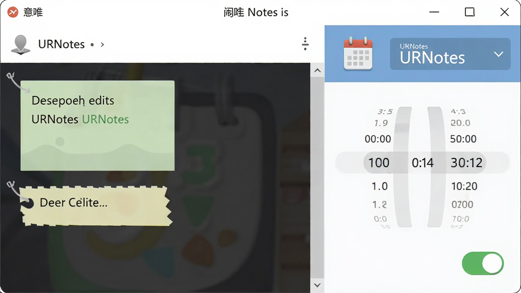 ��ʱ���ѹ���չʾͼ������Ϊ��Ψ�����ǩURNotes���������ý��棬����Ϊ����ǩ�༭�����Ҳ�ʱ��ѡ����壬�Ű����������Ϊ�ִ�����������UI��ϸ�ڰ�������ͼ�ꡢʱ����ֺͿ��ذ�ť�������������ɾ��޶���Ԫ��