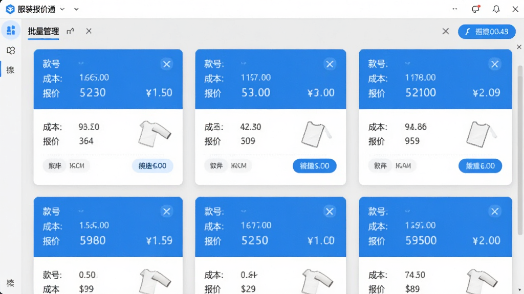 服装报价通软件多款式批量管理界面,画面展示软件中同时打开多个款式报价卡片,每个卡片显示款号、成本、报价等信息,界面采用卡片式布局,浅灰色背景,蓝色高亮选中状态,画质干净,无多余元素