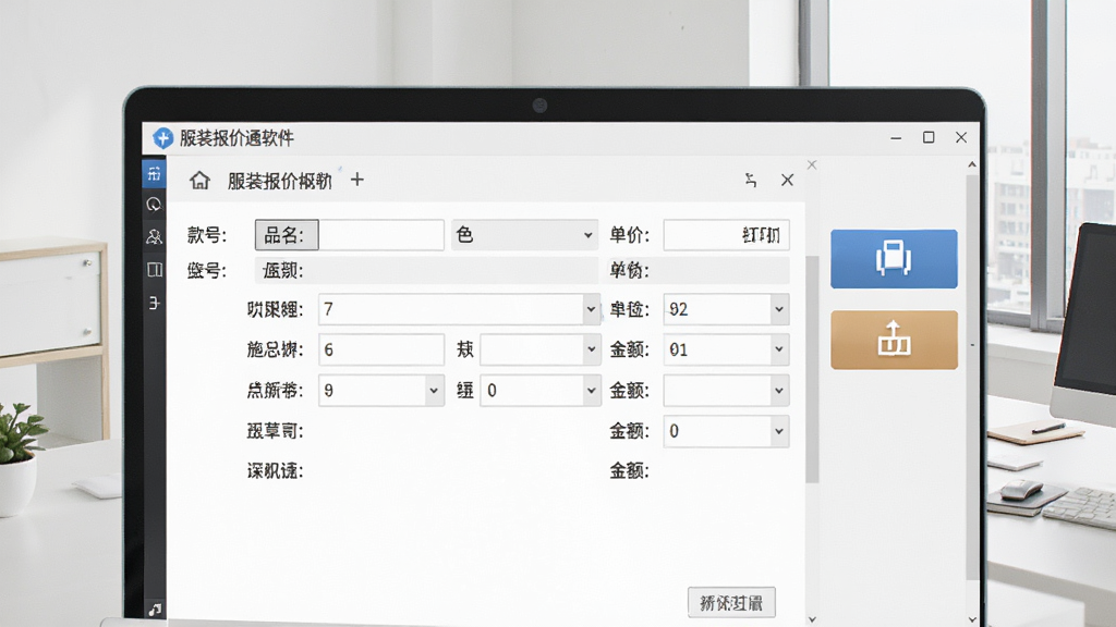 服装报价通软件快速生成报价单功能展示,画面中软件界面显示一张完整的服装报价单,包含款号、品名、数量、单价、金额等字段,右侧有打印按钮和导出按钮,背景为干净的办公桌面,风格简洁商务,画质清晰