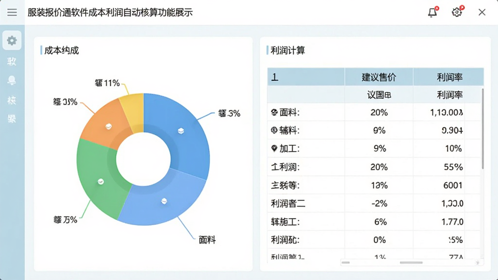 服装报价通软件成本利润自动核算功能展示,画面中软件界面显示成本构成饼状图和利润计算表格,饼图包含面料、辅料、加工、利润等区块,表格中有建议售价和利润率字段,界面风格清新浅色,画质清晰
