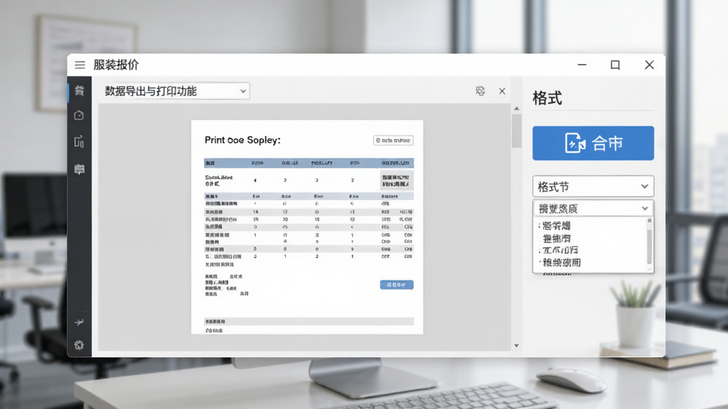 服装报价通软件数据导出与打印功能展示,画面中软件界面显示打印预览窗口,报价单排版整齐,旁边有导出按钮和格式选择下拉菜单,背景为办公环境,风格简约商务,画质干净