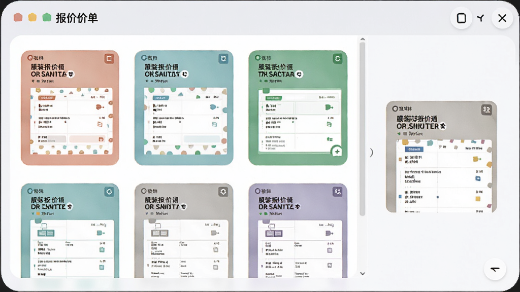 服装报价通软件报价单模板选择界面,画面中软件窗口展示多个报价单模板缩略图,每个模板有不同配色和排版样式,右侧有预览区域,界面风格柔和圆角,画质清晰,无多余元素