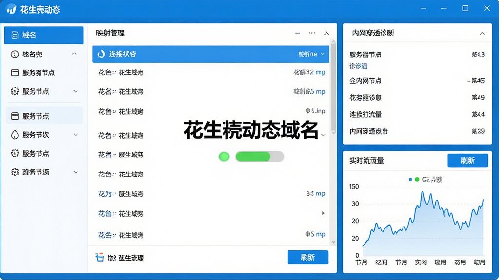 花生壳动态域名软件官方主界面截图,画面中央展示软件名称“花生壳动态域名”与连接状态指示灯,左侧为域名列表与映射管理菜单,右侧显示内网穿透诊断数据与实时流量曲线,整体布局清晰,采用现代科技蓝白配色,扁平化UI设计,细节包含服务器节点列表与刷新按钮,画质清晰,界面干净,无多余元素