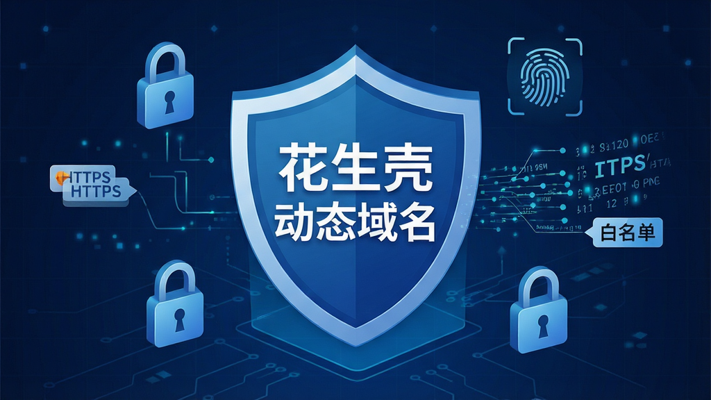花生壳动态域名安全防护概念图,画面中央为盾牌图标,盾牌内部显示“花生壳动态域名”文字,盾牌周围环绕锁形图标、指纹识别图标与加密数据流线条,背景为深蓝色科技网格,风格稳重安全,细节包含“HTTPS”“白名单”等小标签,画质清晰,画面干净,无多余元素