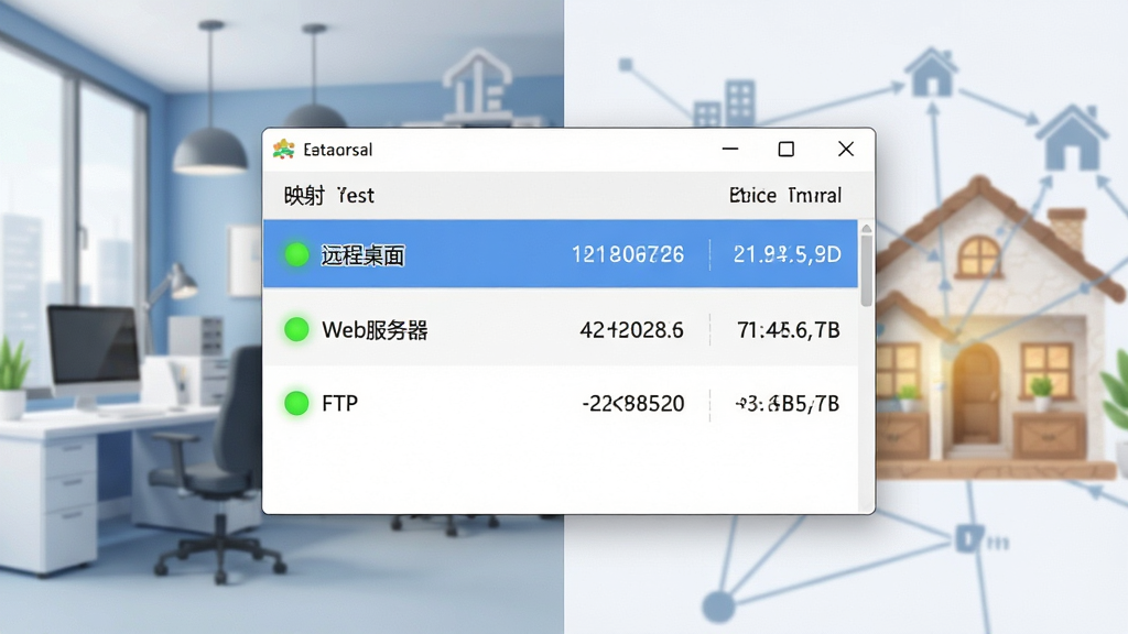 花生壳动态域名内网穿透功能展示图,画面中央为软件客户端界面,显示映射列表包含“远程桌面”“Web服务器”“FTP”等条目,每条映射前方有绿色状态灯,背景为抽象的企业办公与家庭网络场景,风格简洁商务,细节包含端口号与流量数值,画质清晰,界面干净,无多余元素
