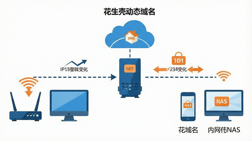 花生壳动态域名解析原理示意图,画面左侧为家庭路由器与电脑设备,中间用虚线箭头指向云端DNS服务器,服务器上方标注“花生壳动态域名”字样,右侧为手机与远程电脑通过域名访问内网NAS,整体采用扁平化信息图风格,色彩以蓝、白、橙为主,细节包含IP地址变化动态箭头与域名绑定图标,画质清晰,布局对称,干净无杂乱元素