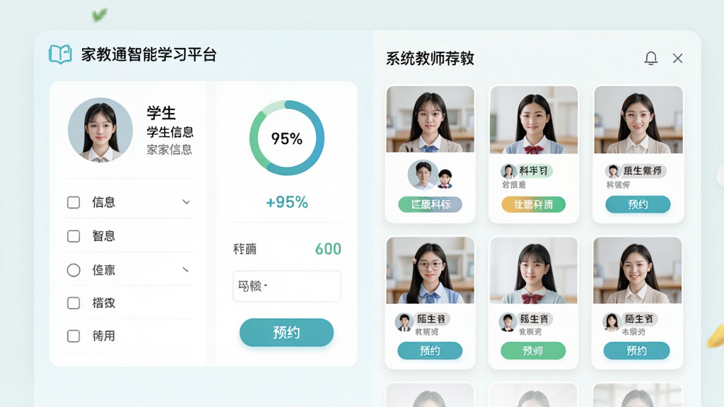 ��������Ϊ���ҽ�ͨ����ѧϰƽ̨��������ƥ����棬���������ѧ����Ϣ��д�����Ҳ���ϵͳ�Ƽ��Ľ�ʦ�б���Ƭ���Ű�������ҷ����ṹ�����Ϊ����ǳɫ�����磬ϸ�ڰ���ƥ��Ȱٷֱ�Բ������ʦͷ�񡢿�Ŀ��ǩ��ԤԼ��ť�����ʸ��壬�ɾ����޶���Ԫ��