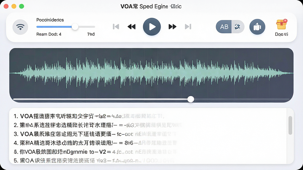 һ��չʾVOA����Ӣ�ﾫ�����ܽ����ͼƬ������Ϊ����������ҳ�棬��Ļ������ʾ��Ƶ����ͼ�������Ļ�б������ֲ������½ṹ���Ϸ�Ϊ���ſ��������·�Ϊ��Ļ�����������Ϊ���Բ����ƣ�ϸ�ڰ������ٵ��ڻ��顢AB������ť�������ղ�ͼ�꣬���ʸ��壬����ɾ����޶���Ԫ��