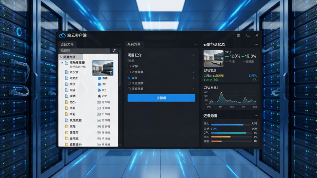 软件名称“渲云客户端”主界面全貌,画面中央是深色主题的渲染任务提交面板,左侧显示项目文件列表,右侧展示云端节点运行状态与进度条,背景是现代化的数据中心机房与蓝色科技光效,布局清晰,排版规整,风格为专业科技感,细节包含软件Logo、渲染缩略图、CPU占用率图表,画质高清,干净,无多余元素