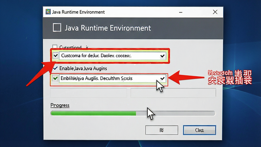 һ��Java Runtime Environment��װ����ʾ��ͼ����������Ϊ������Ļ��ʾ��װ�򵼴��ڣ������ڸ�����ע�Զ��尲װ·��������Java�������ѡ��Ա��к�ɫ��ͷ����ʾ���֣����ֲ�����Ļ������д�����дʵ������ͼ�磬ϸ�����������ָ�롢ѡ��򡢽������������������ɾ����޶���Ԫ��