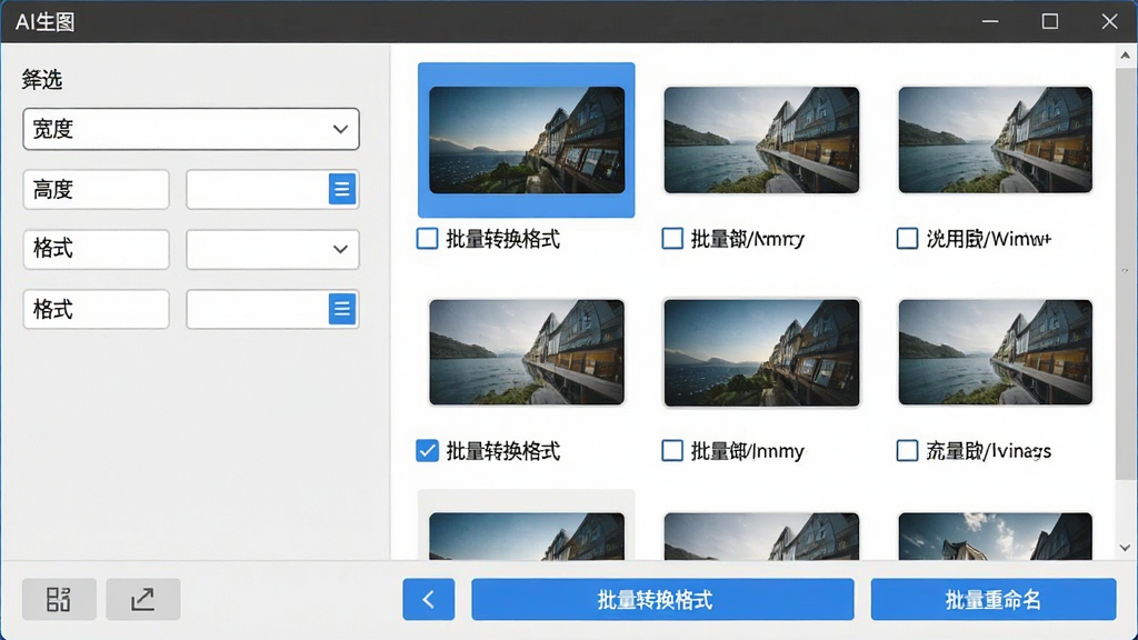 AI生图,展示一个电脑软件界面,界面左侧是筛选条件区域,有宽度、高度、格式的下拉菜单和输入框,右侧是图片列表,每张图片下方有复选框和文件名,底部有“批量转换格式”和“批量重命名”按钮。布局为左右分栏,风格简洁商务,细节包括清晰的UI控件、蓝色高亮选中状态,画质清晰,干净,无多余元素。