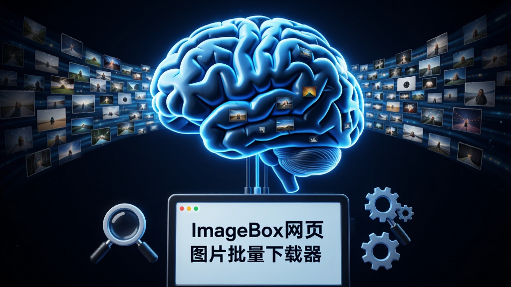 一幅AI生图,画面中央是一个发光的蓝色数字大脑,大脑内部有无数细小的图片缩略图在流动,大脑下方连接着一个电脑屏幕,屏幕上显示着“ImageBox网页图片批量下载器”字样,周围环绕着放大镜和齿轮图标。布局采用中心对称构图,风格为科技感3D渲染,细节包括图片流动的光效、大脑的纹理,画质高清,干净,无多余元素。