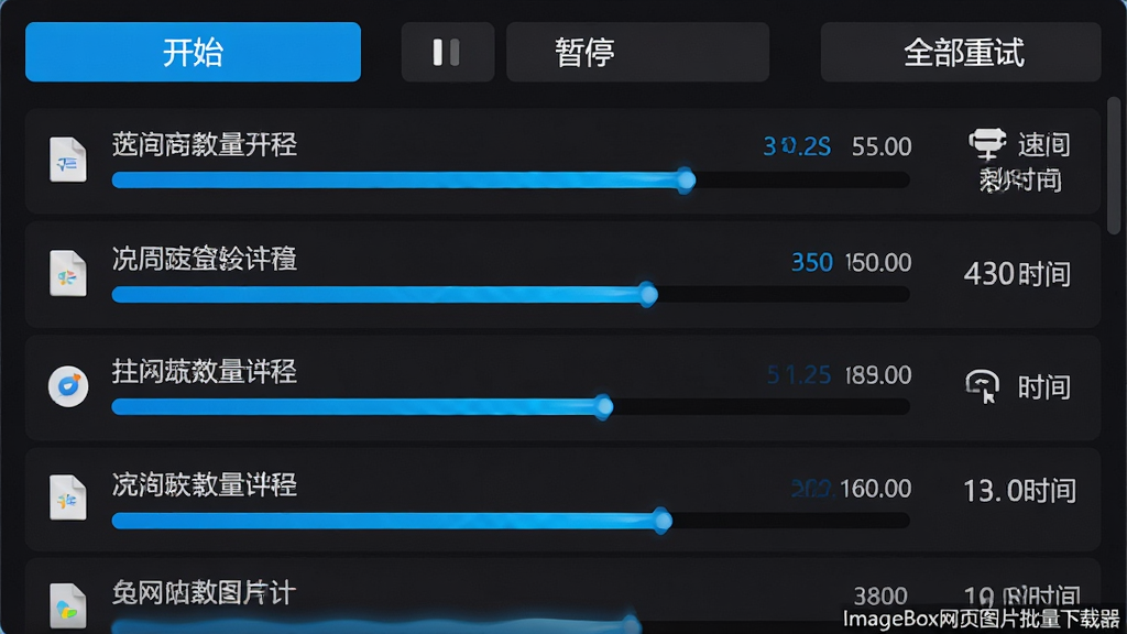AI生图,画面为一个下载管理器的界面,显示多行下载任务,每行有文件名、进度条、下载速度和剩余时间,顶部有“开始”、“暂停”、“全部重试”按钮。界面风格为深色模式,进度条为亮蓝色,数字清晰。布局为垂直列表,细节包括流畅的进度动画效果,画质高清,干净,无多余元素,屏幕角落有“ImageBox网页图片批量下载器”小字标识。