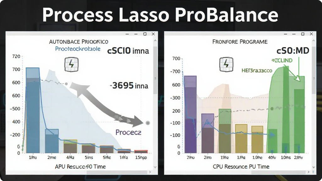 һ��չʾProcess Lasso��ProBalance����ʾ��ͼ������������CPU��Դ����Ķ�̬ͼ�������һ����ռ�ý��̱��Զ��������ȼ����Ҳ�ǰ̨�����ø���CPUʱ�䣬���ֲ��öԱ�ʽ�Ű棬���Ϊ���ݿ��ӻ���Ϣͼ��ϸ�ڰ�����ɫ��״ͼ����ͷָʾ�����ȼ���ǩ�������������ɾ��޶���Ԫ�أ�ͼƬ�д�������