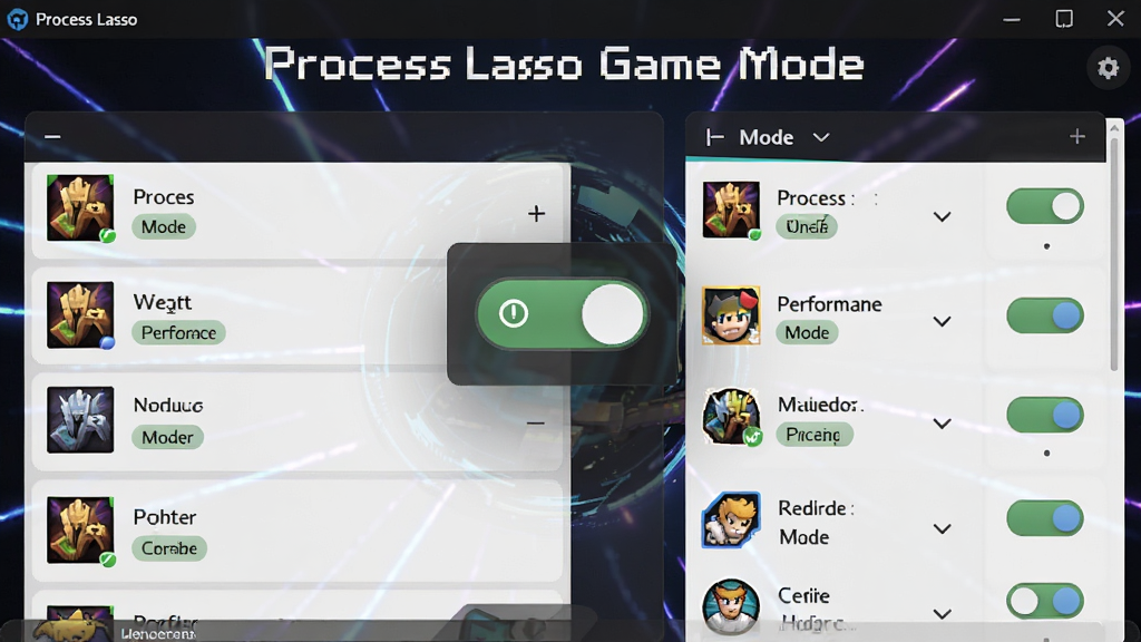 һ��չʾProcess Lasso��Ϸģʽ�����ͼƬ��������������Ϸģʽ��������ʶ����Ϸ�б����������е羺���Ĺ�Ч�����ֲ��ÿ�Ƭʽ�Ű棬���Ϊ�ſ���Ϸ���߽��棬ϸ�ڰ�����Ϸͼ�ꡢ����ģʽ��ǩ�����ذ�ť�����ʸ��壬�ɾ��޶���Ԫ�أ�ͼƬ�д�������