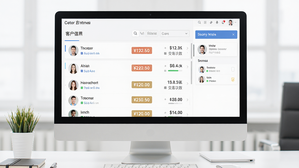 智慧记客户管理功能展示,画面中电脑屏幕上显示客户信息列表,每个客户条目旁边有欠款金额标签和交易次数统计,右侧有客户详情面板,界面风格清爽,背景是简约的办公桌面,画质干净,无多余元素
