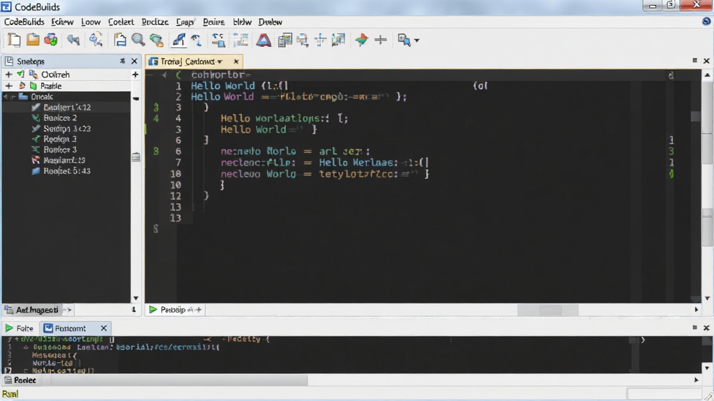 һ��չʾCodeBlocks����������Ŀ���ͼƬ,������������ɫ����Ĵ���༭��,��ʾһ��C����Hello World����,�����˵����͹����������ɼ�,����ǹ��̹������,�ײ��Ǳ����������,���岼������,���дʵ,ϸ�ڷḻ,��������,�ɾ�,�޶���Ԫ��