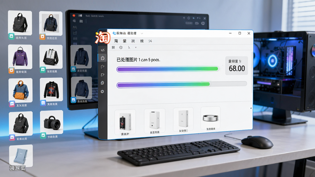 画面展示七彩色淘宝图片批量处理工具的批量处理功能,桌面上排列着大量商品图片文件,软件窗口内进度条正在快速推进,旁边显示已处理图片数量,背景是简洁的电脑桌面环境,风格科技感十足,细节清晰,画质高清,干净,无多余元素