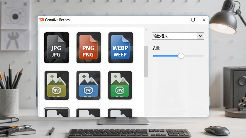 七彩色淘宝图片批量处理工具的格式转换界面,屏幕上显示多个图片格式图标如JPG、PNG、WEBP排列,软件窗口内有输出格式下拉菜单和质量调节滑块,背景为简洁的工作台环境,风格现代科技,细节丰富,画质清晰,干净,无多余元素