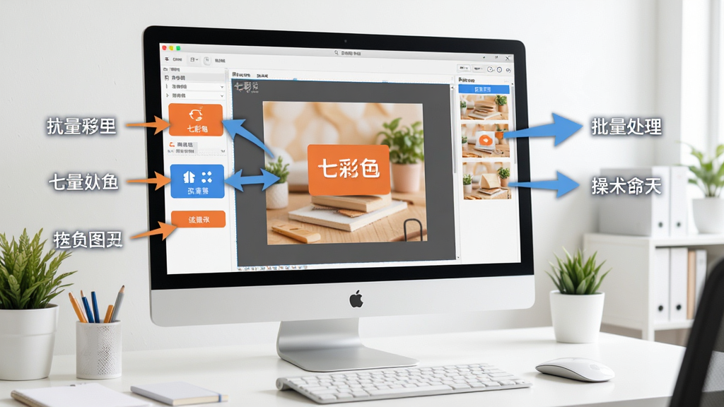 七彩色淘宝图片批量处理工具的操作教程示意图,画面显示电脑屏幕上软件界面正在进行批量处理操作,旁边有箭头标注各个功能按钮,背景为整洁的办公桌面,风格清新明快,细节清晰,画质高清,干净,无多余元素