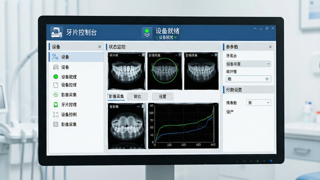 一张展示口腔诊所内牙片控制台软件界面的图片,主体为电脑屏幕上显示牙片控制台的设备管理面板,布局为左侧设备列表、中间状态监控区、右侧参数设置区,排版整洁对称,风格为现代医疗科技风,细节包含牙片机图标、绿色运行指示灯、影像缩略图、数据曲线,画面中文字标注“牙片控制台”“设备就绪”“影像采集”,画质高清,画面干净,无多余元素