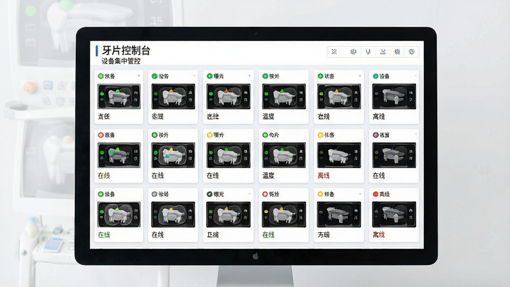 一张展示牙片控制台多设备管理功能的图片,主体为电脑屏幕上的设备集中管控面板,布局为网格状设备卡片排列,排版清晰有序,风格为简约商务风,细节包含每台牙片机的状态图标、设备编号、曝光计数、温度数值,画面中文字标注“牙片控制台”“设备集中管控”“在线”“离线”,画质清晰,画面干净,无多余元素