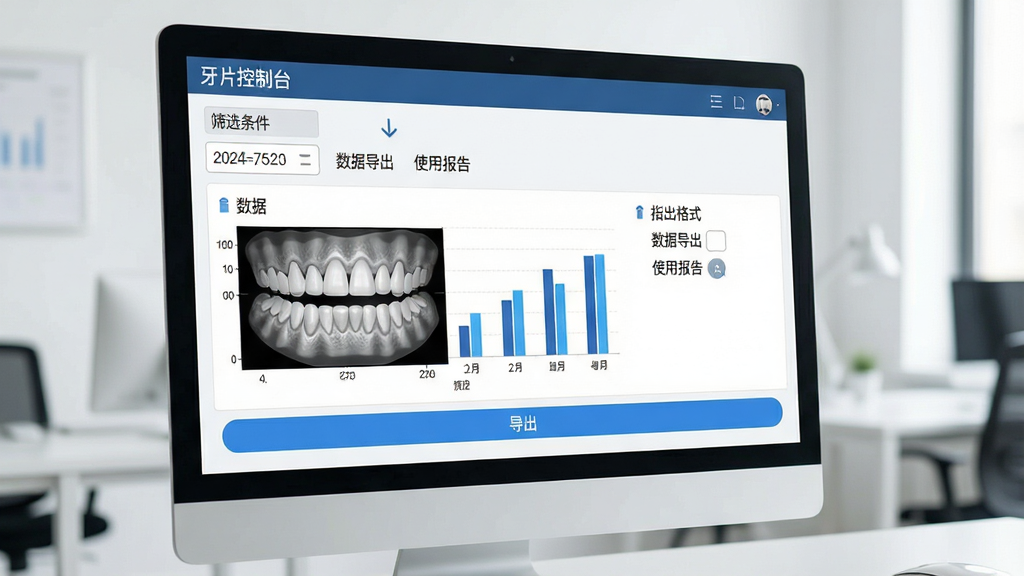 一张展示牙片控制台数据导出与报告生成功能的图片,主体为电脑屏幕上的报告预览界面,布局为上方筛选条件、中间数据图表、下方导出按钮,排版简洁,风格为清爽商务风,细节包含日期选择器、柱状图、导出格式选项,画面中文字标注“牙片控制台”“数据导出”“使用报告”,画质高清,画面干净,无多余元素