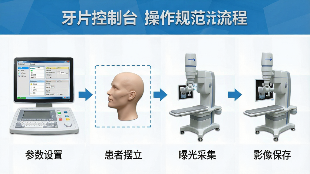 一张展示口腔牙片机操作规范流程的示意图,主体为牙片控制台软件界面与牙片机设备配合使用的场景,布局为从左到右依次展示参数设置、患者摆位、曝光采集、影像保存四个步骤,排版为横向流程图,风格为医疗教学风,细节包含软件界面截图、牙片机图标、患者头部模型、方向箭头,画面中文字标注“牙片控制台”“操作规范流程”“参数设置”“曝光采集”,画质高清,画面干净,无多余元素