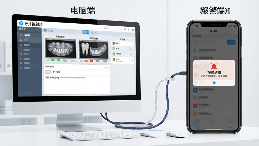 一张展示牙片控制台在电脑端与移动端协同使用的场景图,主体为左侧电脑屏幕显示控制台主界面、右侧手机屏幕显示设备报警通知,布局为左右对比排列,排版清晰,风格为现代科技风,细节包含电脑上的设备状态面板、手机上的通知弹窗、连接线缆示意,画面中文字标注“牙片控制台”“电脑端”“移动端”“报警通知”,画质高清,画面干净,无多余元素