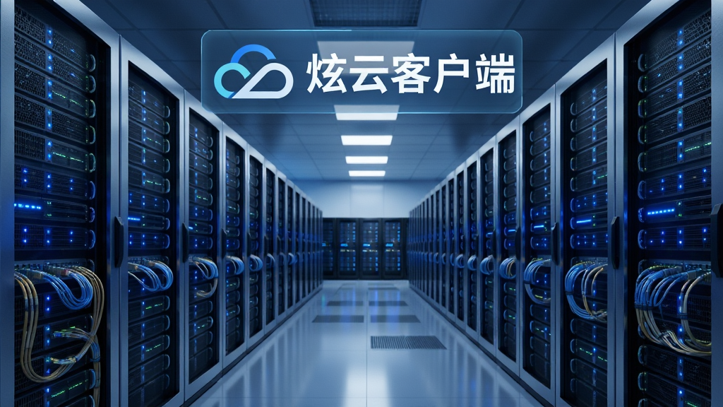 主体是炫云客户端的云端服务器机房内部视角,成排的服务器机柜整齐排列,蓝色指示灯闪烁;布局采用透视纵深感构图,机柜向远处延伸;排版以服务器阵列为主体,上方悬浮着炫云客户端的Logo和“炫云客户端”文字;风格为写实科幻风,冷色调光线;细节包括金属质感机柜、光纤线缆、地面反光;画质8K超高清,干净无多余元素。