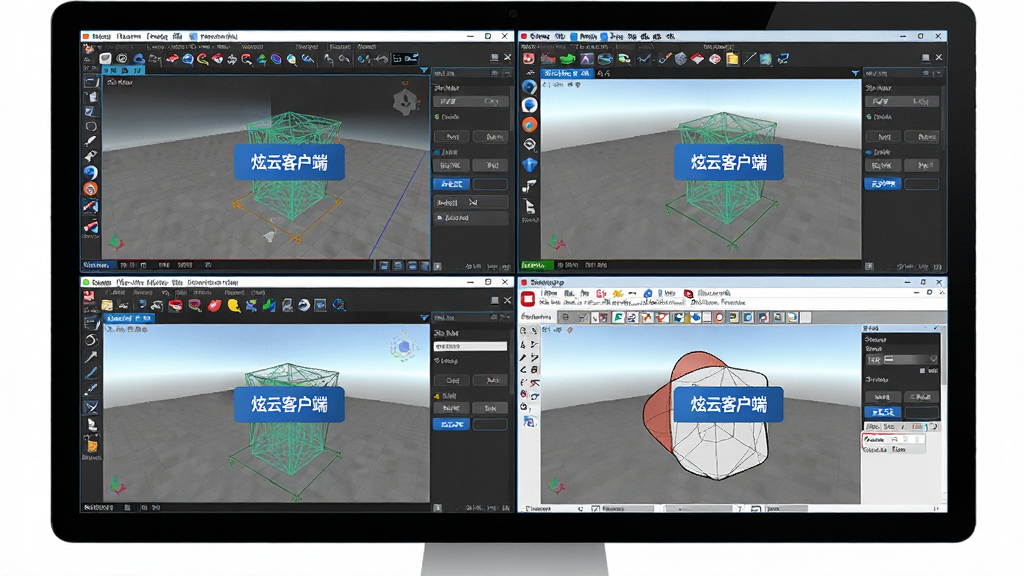 主体是一台显示器,屏幕上同时打开多个三维软件窗口,包括3ds Max和SketchUp界面,每个窗口都显示着“炫云客户端”的提交按钮;布局采用分屏展示,四个窗口均匀分布;排版整洁,软件图标清晰可见;风格为扁平化科技风,色彩明快;细节包括软件工具栏、模型线框、渲染按钮高亮;画质4K超高清,干净无多余元素。