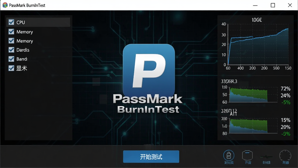 PassMark BurnInTest �����������ͼ����������չʾ������־�Ե���ɫ����ͼ�꣬����Ϊ��ɫ�Ƽ�����������г� CPU���ڴ桢Ӳ�̡��Կ��Ȳ�����Ŀ��ѡ���Ҳ���ʾʵʱ�¶������븺�ذٷֱȣ��ײ��п�ʼ���԰�ť��������רҵ�Ͻ��������������ɾ��޶���Ԫ��
